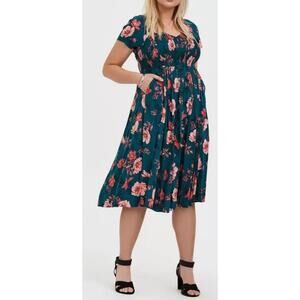 Torrid Midi Challis Smocked Dress Green Floral Size 2